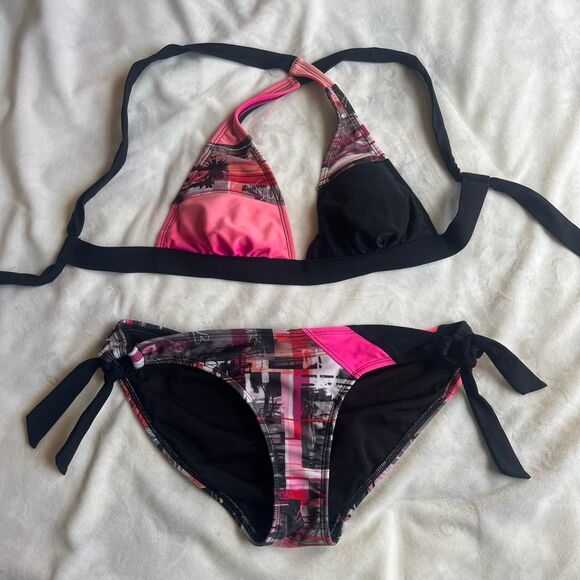Vintage Y2K cyber glam OP pink and black bikini set size medium (junior’s 7/9) - Picture 1 of 8